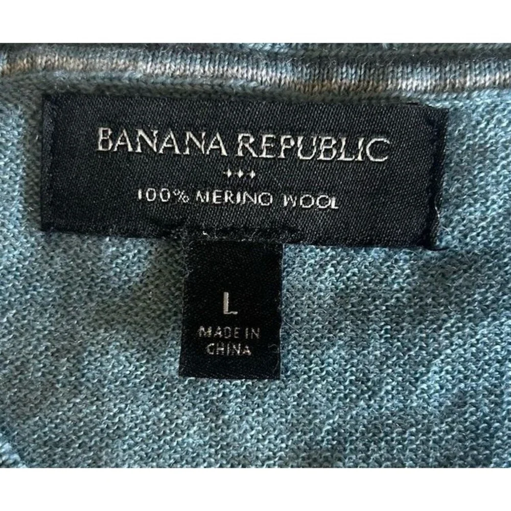 Banana Republic Men L Merino Wool Knit Sweater Blue V Neck Pullover Long Sleeve